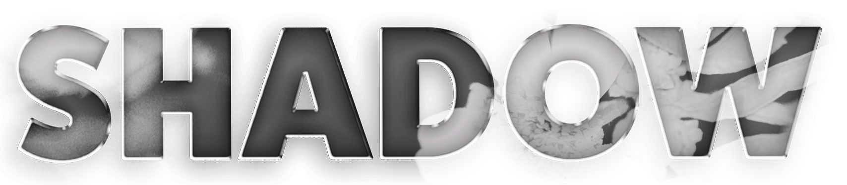 Text 'SHADOW' in a stylized font with a black and white gradient.